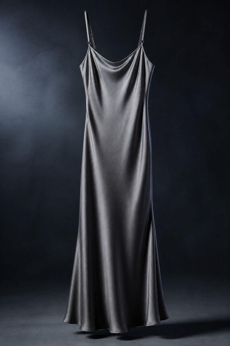 Satin slip dress hanging in a dark studio