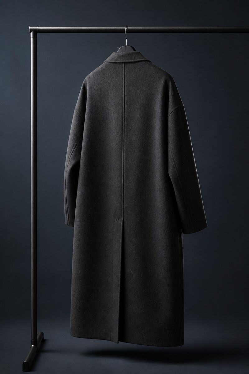 Double-faced wool overcoat on a studio rail